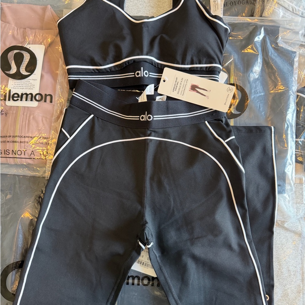 ALO Yoga Black High-Waist Leggings & Sports Bra Set with White Piping